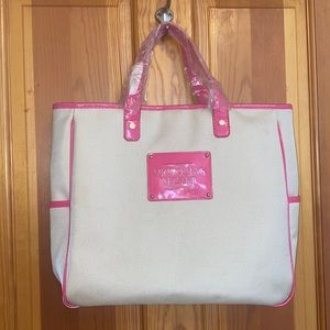 Victoria’s Secret bag in beige with hot pink handles 💖